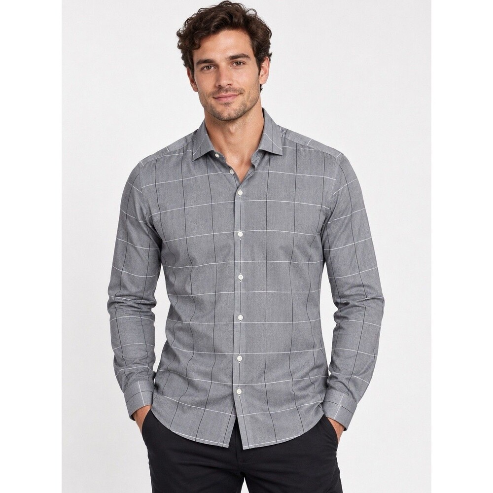 BOSS Hugo Boss Men’s 17 43 Gray Windowpane Slim Fit Long Sleeve Dress Shirt D